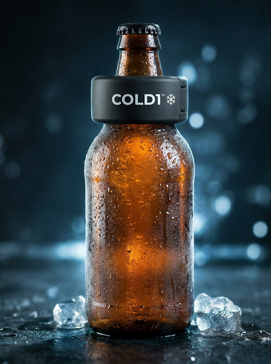 Beer bottle covered in condensation with the COLD1™ phase-change cooling collar attached