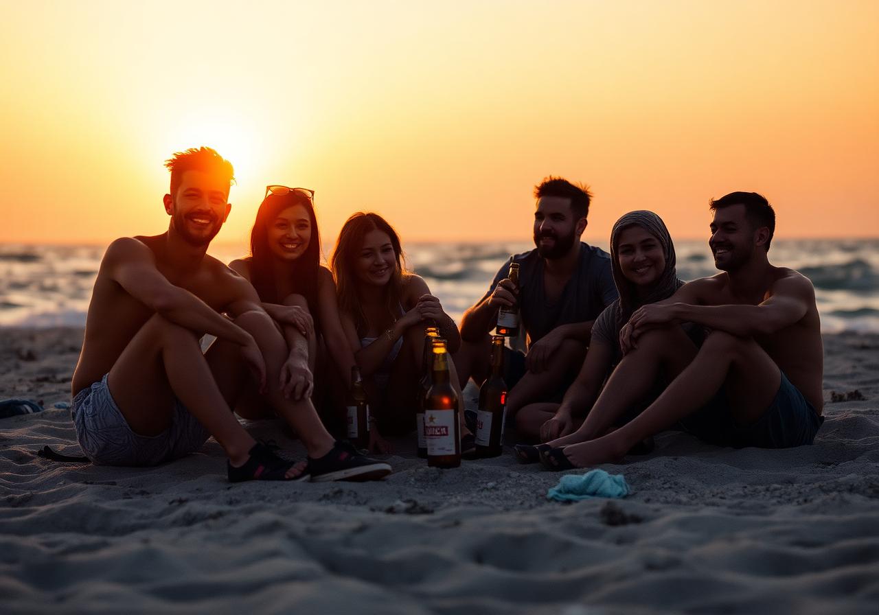 Beach sunset with beer bottles